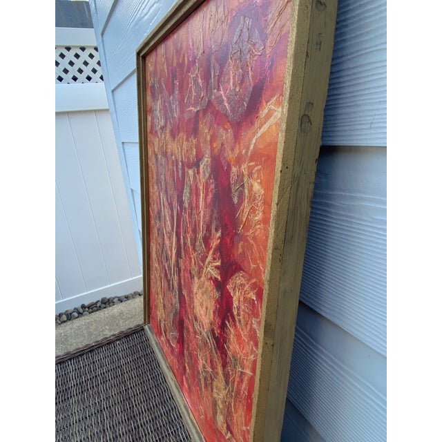 Mid-Century Modern Vintage Mid-Century Modern Textural Red & Orange Abstract Mixed Media Collage Painting by Barnes For Sale - Image 3 of 12