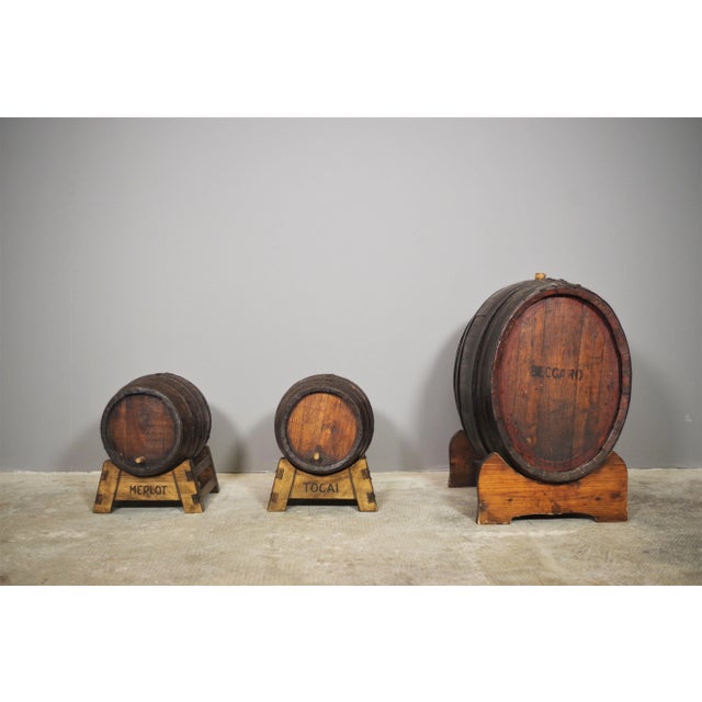3 x 1950s oak wood barrels h48 x l34 x p46 h28 x l25 x p24 h28 x l25 x p24