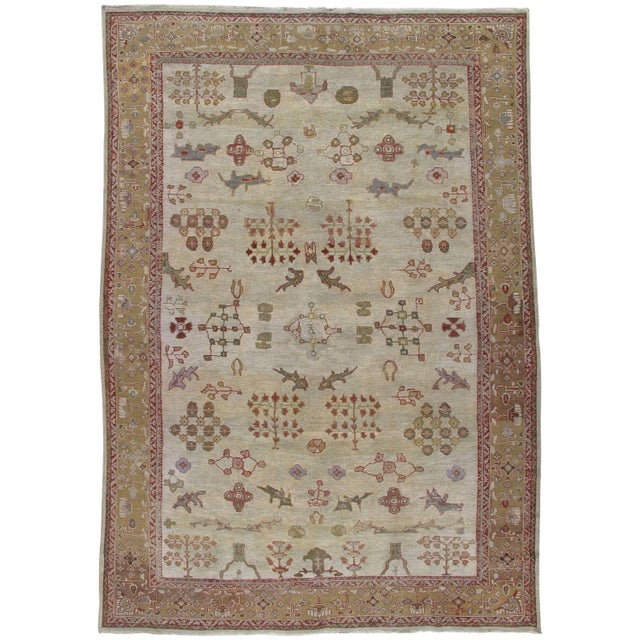 Early 20th Century Antique Persian Sultanabad Carpet, Handmade Oriental Rug, Ivory, Gold, Green For Sale - Image 5 of 5