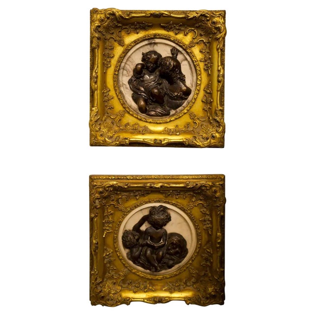 Early 20th Century French Marble, Bronze and Gilt Wood Cameo Wall Decorations, Set of 2 For Sale