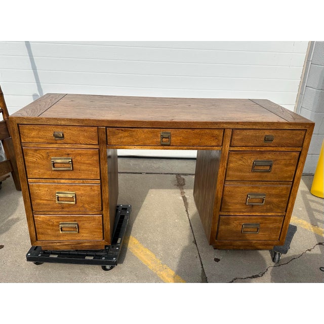 Wood 1980s Drexel Heritage Woodbriar Collection Campaign 7 Drawer Desk & Chair For Sale - Image 7 of 16
