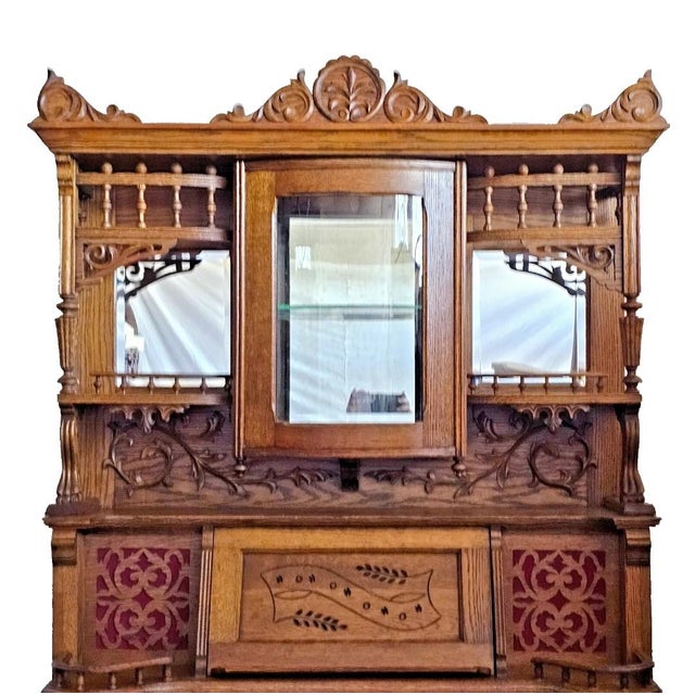 Antique Victorian 1880s Oak Beckwith Pump Organ W/ Bowed Glass Cabinet Stick & Ball For Sale - Image 9 of 12