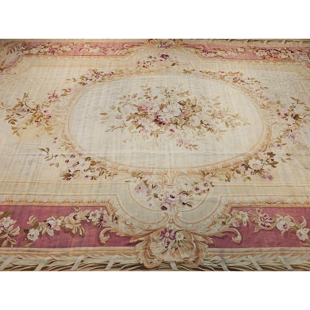 Late 19th Century Antique French Aubusson Rug, Handwoven Wool, Floral Pattern, Ivory & Pale Green, 12' X 18' For Sale - Image 5 of 17