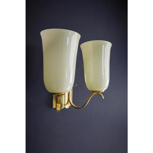Mid-Century Brass Wall Light with Opaline Glass Shades, Germany, 1950s For Sale - Image 6 of 10