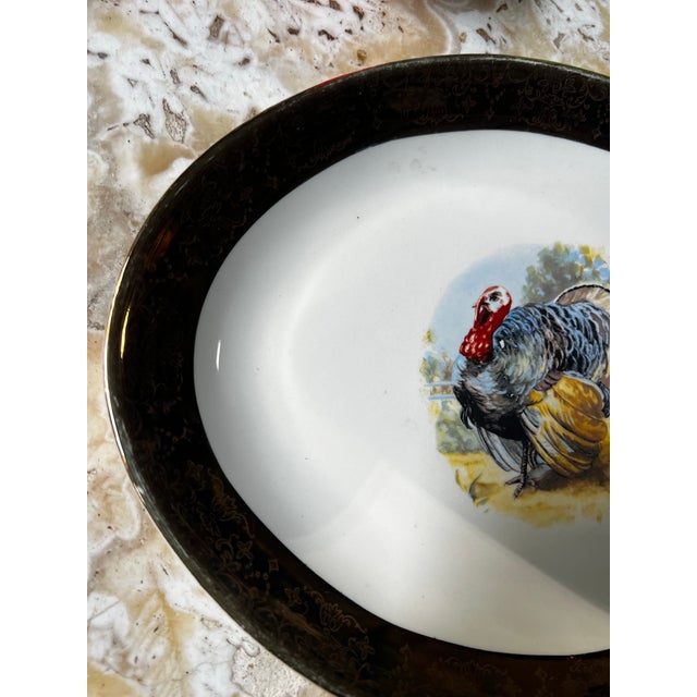 Mid-Century Modern Vintage Thanksgiving Turkey Ceramic Platter With Gold Rim Accents For Sale - Image 3 of 12