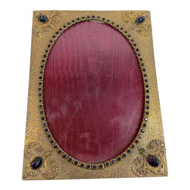 Antique Ornate Purple Jeweled Bronze Ornate Picture Frame Oval Open Rectangle For Sale
