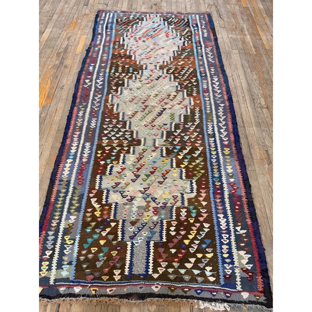 Tribal 1930s Rustic Brown Field Diamond Tribal Antique Turkish Village Kilim Runner Rug For Sale - Image 3 of 6