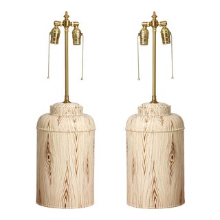 Bespoke Pair of Tole Faux-Painted Canister Lamps For Sale