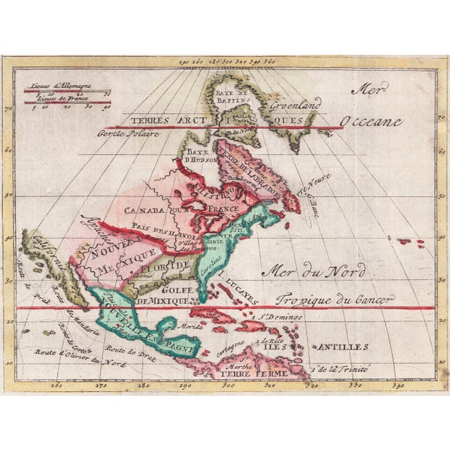 Rare 1729 copper engraved, hand-colored Chatelain miniature map of North America, full title "L'Amerique Septentrionale...