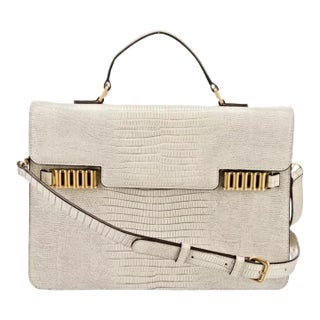 Vintage Donna Karan Kelly Tan Ivory Beige Leather Lizard Skin Embossed Top Handle Day Evening Bag Shoulder Crossbody For Sale