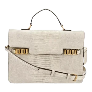 Vintage Donna Karan Kelly Tan Ivory Beige Leather Lizard Skin Embossed Top Handle Day Evening Bag Shoulder Crossbody