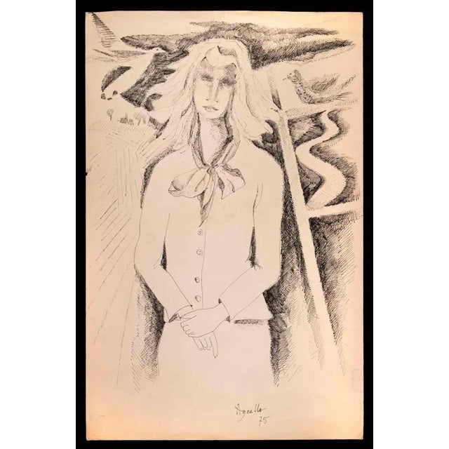 Woman is an Original Pen Drawing realized by Dominique Agnello in 1975. The artwork is in good condition on a yellowed...