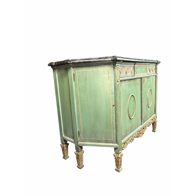 Vintage Neoclassical Green & Gold Painted Sideboard / Buffet With Black Marble Top For Sale - Image 4 of 12