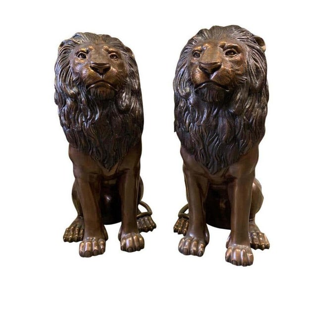 Cast Bronze Sitting Lions, 20th Century, Set of 2 For Sale - Image 9 of 11
