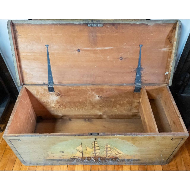 19th Century Paint Decorated Blanket Chest With Later Nautical Ship Painting For Sale - Image 13 of 16