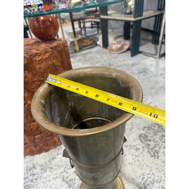 Printmaking Materials Vintage Solid Brass Umbrella Stand With Etched Deer & Cranes, Gargoyles For Sale - Image 7 of 7