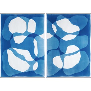 2025, Orbiting Masses, Abstract Geometric Floating Shapes, Large Diptych, Cyanotype Monotype on Watercolor Paper by Kind of Cyan For Sale
