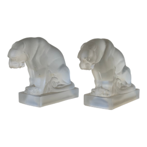 Art Deco Frosted Satin Glass Panther Bookends, a Pair