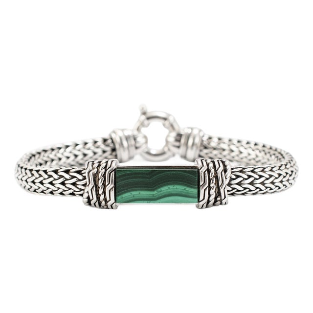 Men’s Effy Silver 10.20 Ct Malachite Braided Chain Wheat Mesh Link Bracelet For Sale