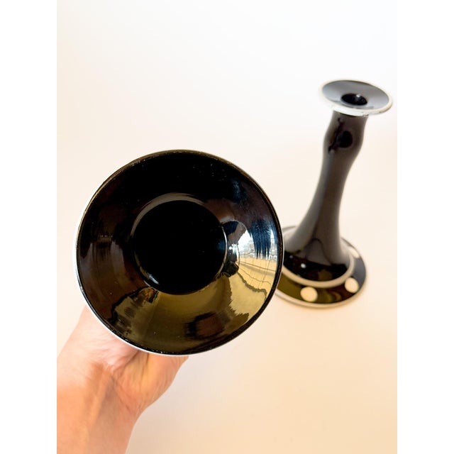 Antique Art Deco Style Noir Glass Candlestick Holders With White Polka Dots, a Pair For Sale - Image 9 of 11
