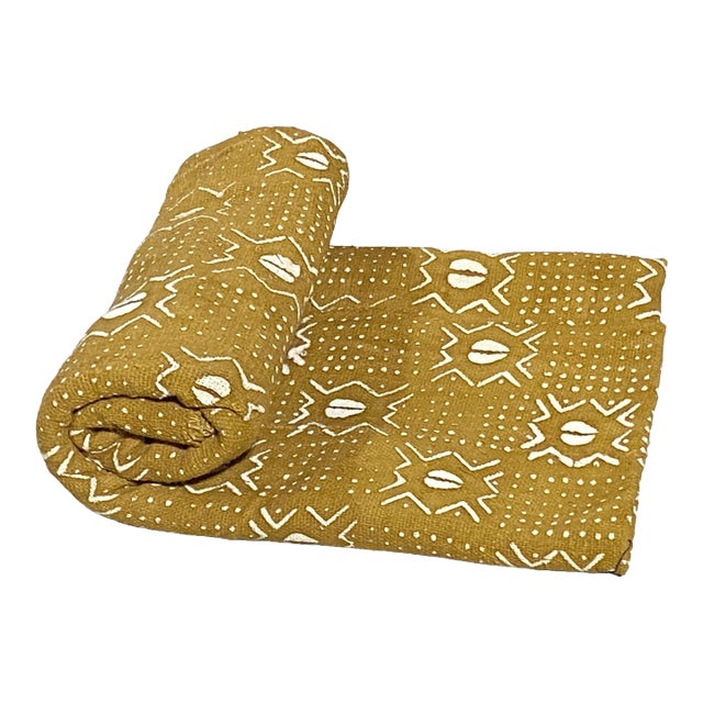 African Large Mustard & White Mud Cloth Textile Mali 62" by 40" For Sale