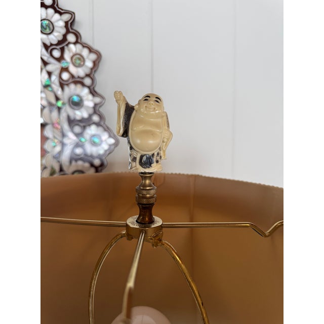 Metal Indian Brass Lamp With Silk Shade and Buddha Finial For Sale - Image 7 of 9