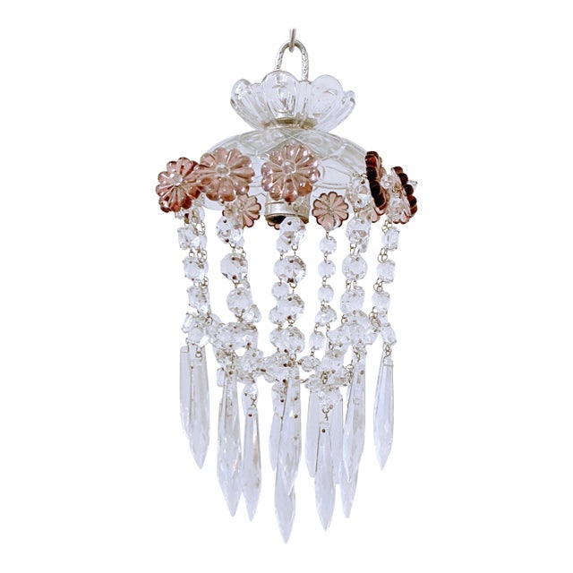 Vintage Parachute Chandelier With Hand Cut Glass Dish and Amethyst Colored Rosettes For Sale