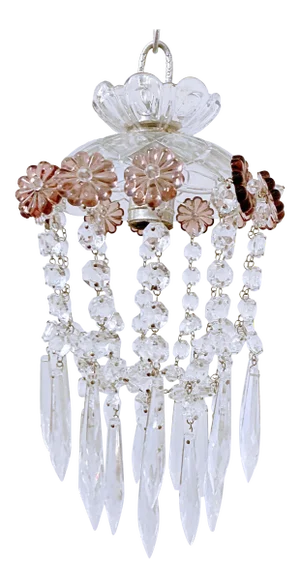 Vintage Parachute Chandelier With Hand Cut Glass Dish and Amethyst Colored Rosettes