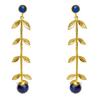 Bohemian Elegance Gold Leaf & Lapis Lazuli Stone Dangle Earrings, 2 Pieces For Sale