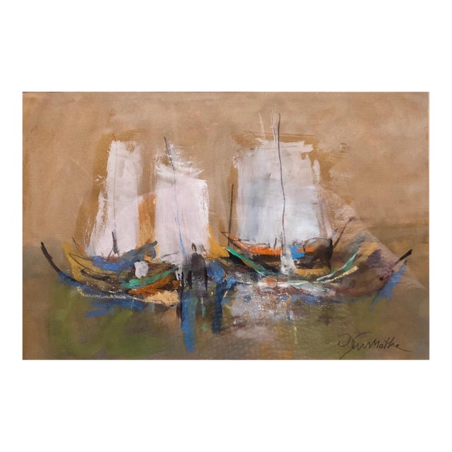 Motke BlumIsraeli Modernist Abstract Expressionist Gouache Painting Boats For Sale