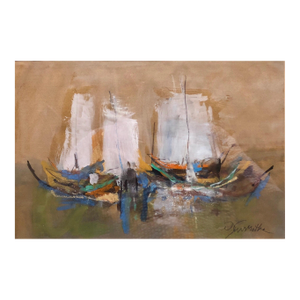 Motke BlumIsraeli Modernist Abstract Expressionist Gouache Painting Boats