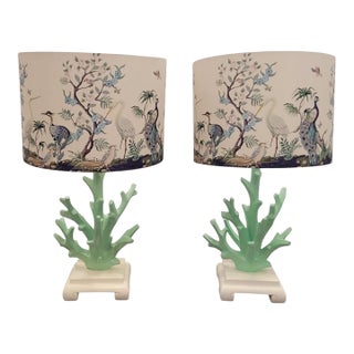 Vintage Faux Mint Green Coral Coastal Table Lamps With Chinoiserie Bird Branch Shades- A Pair For Sale