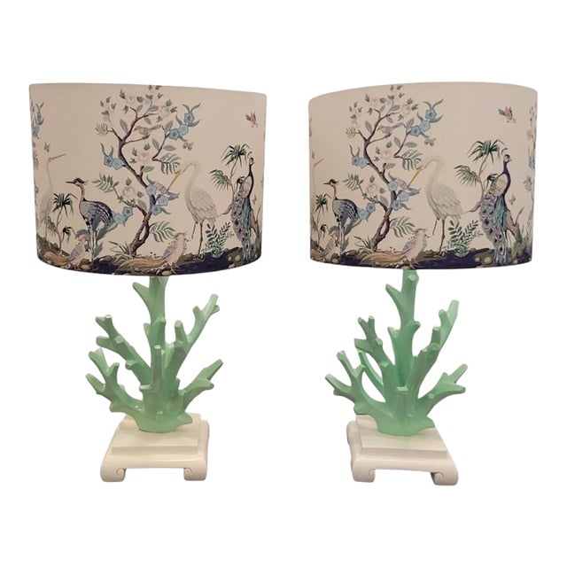 Vintage Faux Mint Green Coral Coastal Table Lamps With Chinoiserie Bird Branch Shades- A Pair For Sale