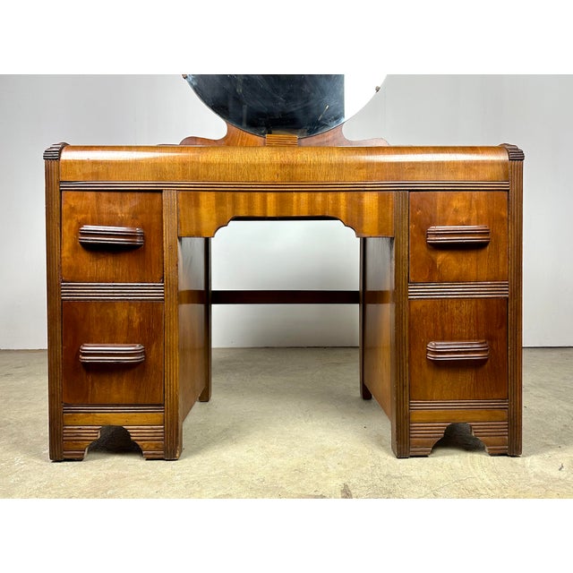1940’s Art Deco Waterfall Vanity With Round Mirror by b Furniture
