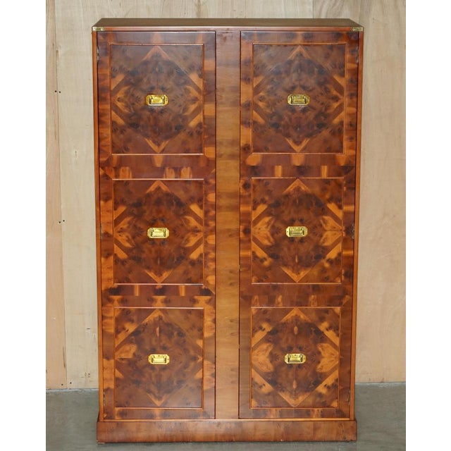 Lovely English Burr Yew Wood Military Campaign Wardrobe with brass handles and Parquetry paneling A very good looking well...