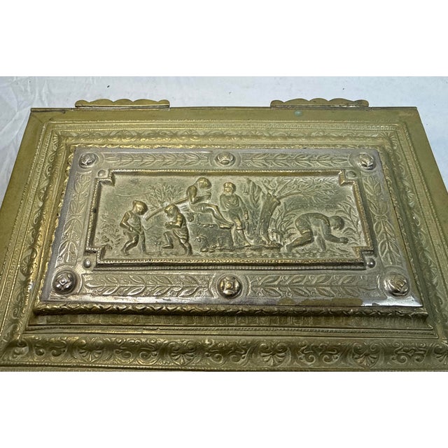 Large Antique Spanish Baroque 2 Tone Heavy Brass Ornate Dresser Casket Desk Box For Sale - Image 11 of 16