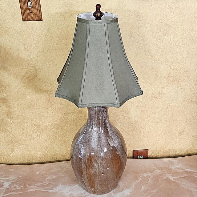 Late 20th Century Vintage Ceramic Drip Glaze Table Lamp in Brown Studio Pottery Style With Tapered Shade For Sale - Image 5 of 18