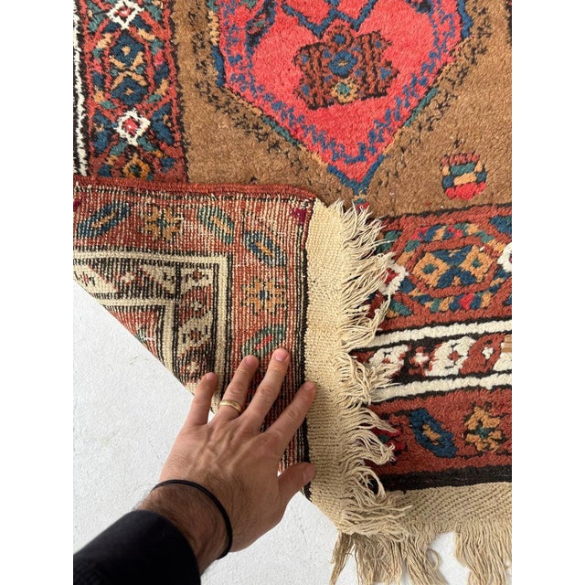 Name: RAW Nomadic Antique Camel Hair Runnr with Coral Pinks, Watermelon, Rust Size: ~ 3.2 x 9.5 Age: Antique, C. 1920-30’s...