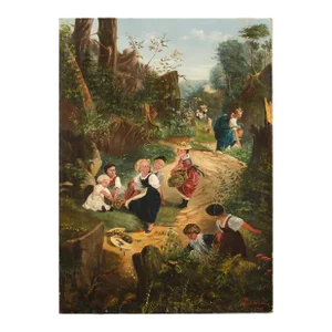 A German School Oil Painting of a Countryside Strawberry Harvest, 19th Century.