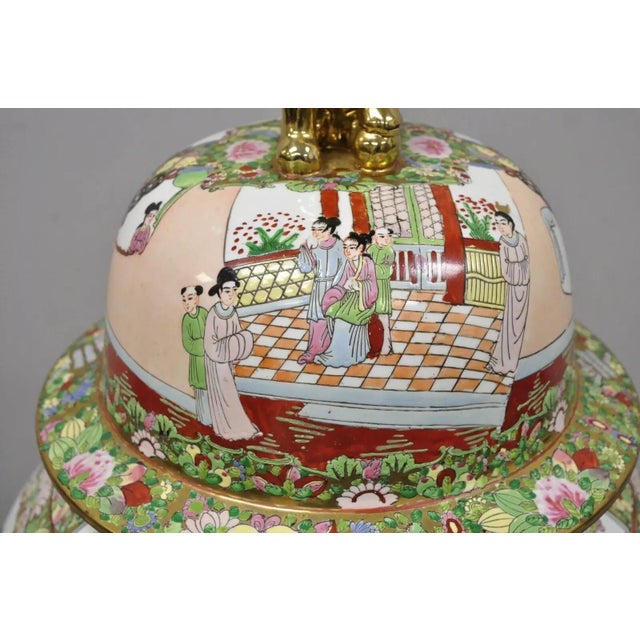 Vintage Chinese Famille Rose Porcelain Urn Lidded Temple Jar Vase on Base For Sale - Image 4 of 12