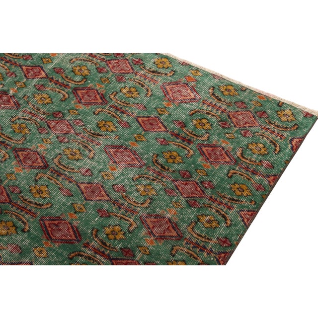 Hand-Knotted 1960s Distressed Art Deco Rug in Green, Pink, Gold Floral Pattern For Sale - Image 4 of 6
