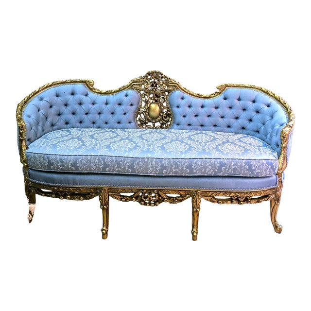 Grand French Louis XV 3-Seater Sofa in Celeste Blue Damask With Hand-Carved Gold Leaf Frame & Tufted Back For Sale