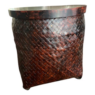 Oversized Antique Chinese Woven and Lacquered Bamboo Basket With Lif For Sale