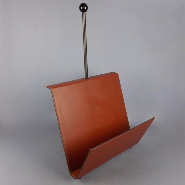 Vintage Italian Magazine Rack in Brown Leather and Metal, 1980s For Sale - Image 11 of 11
