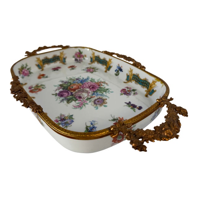 Vintage French Limoges Hand-Painted Porcelain & Gilt Metal Floral Tray For Sale