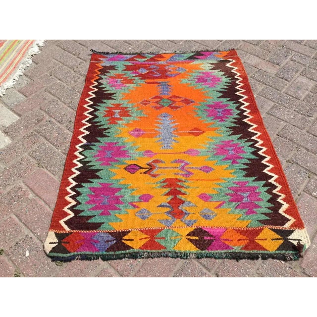 Red Small Colorful Handmade Turkish Kilim Rug - 35" X 48.5" For Sale - Image 8 of 8