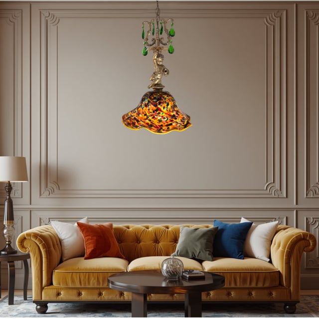 Orange Signed Confetti Art Glass Shade Cherub Pendant Light For Sale - Image 8 of 17