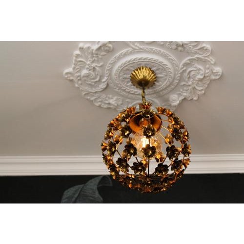 Hollywood Regency Style Gilt Metal Floral Sphere Pendant Light, Italy, 1970s For Sale - Image 6 of 18
