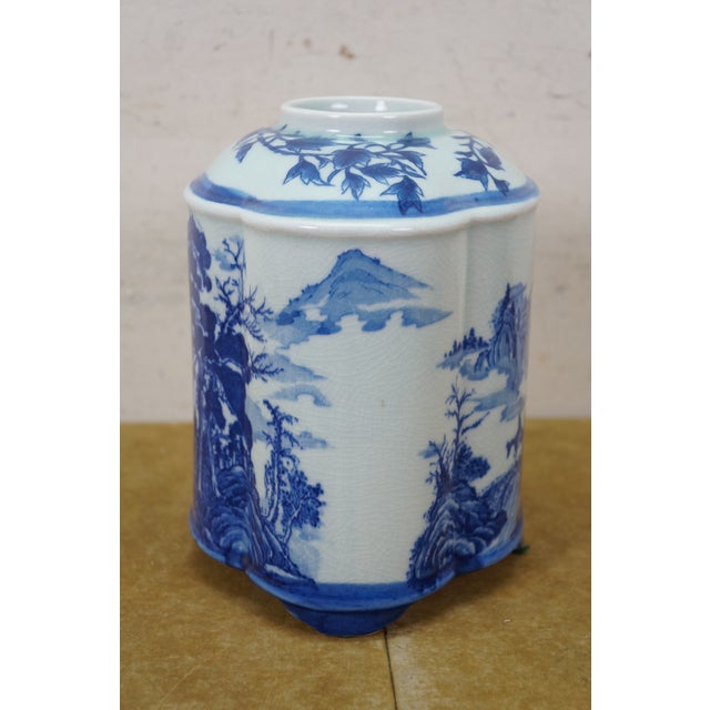 Early 20th Century Chinese Chinoiserie Blue & White Pagoda Mountain Landscape Tea Caddy 11" For Sale - Image 5 of 16