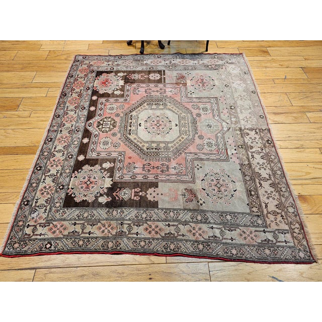 Brown Antique Turkish Oushak Rug, Hand-Knotted Wool Pile, Mamluk Design, 6' x 7' For Sale - Image 8 of 16